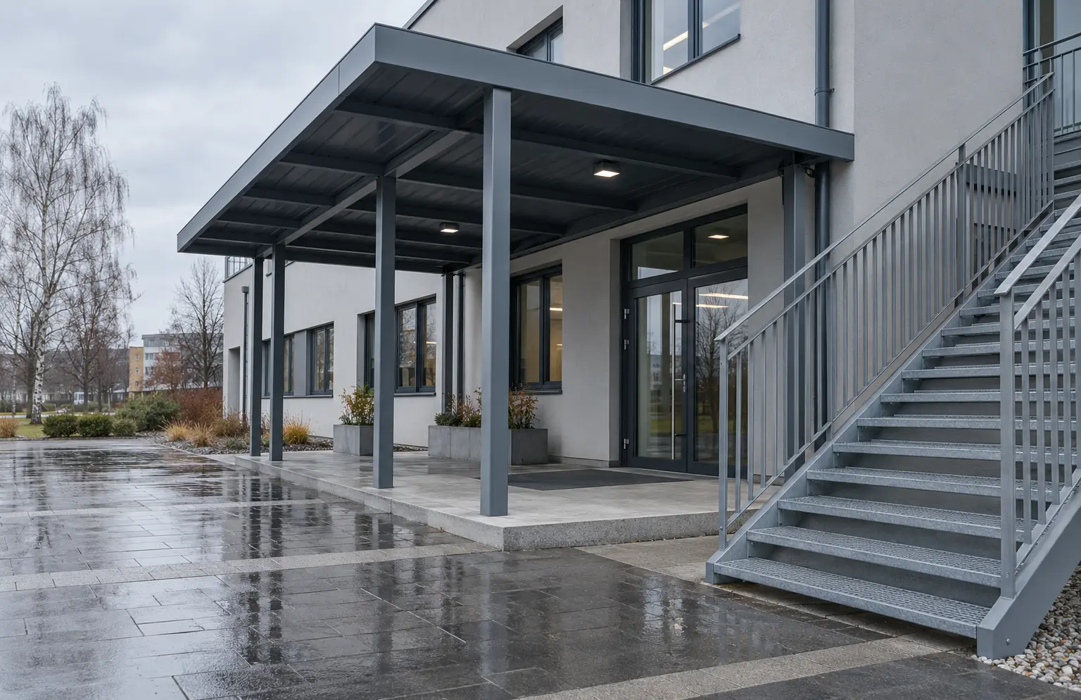 A steel canopy on slim grey columns over a building entrance, with a steel staircase beside it