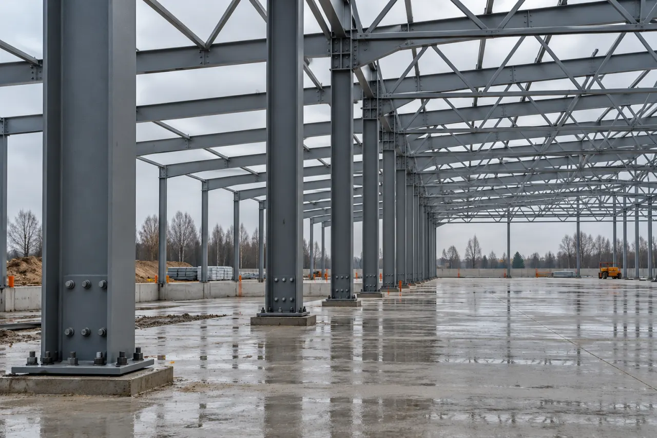 The bare steel skeleton of a hall: rows of grey columns and roof trusses with bolted joints