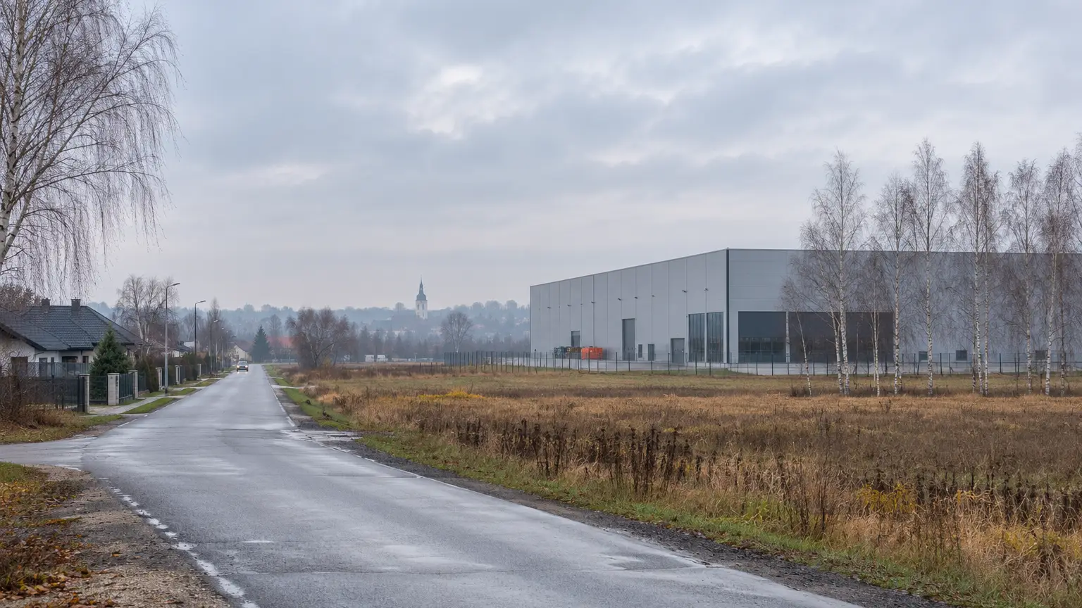 A finished steel-framed hall beside a field and birch trees at the edge of a Polish town on a misty autumn morning